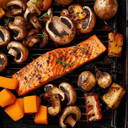 Barbecue with autumn flavors such as mushrooms, salmon, and pumpkin