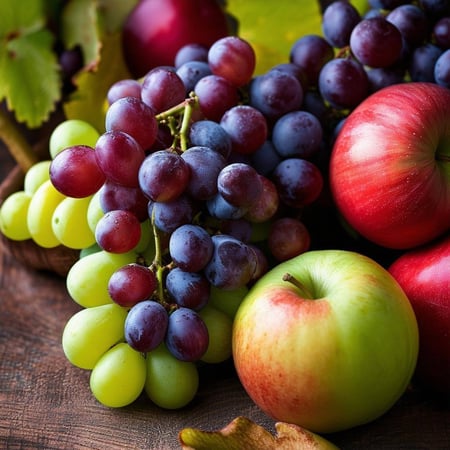Freshly picked grapes and apples