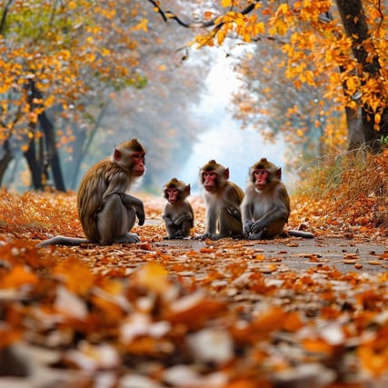 I took a photo of a family of monkeys I found in the distance while walking during the autumn leaves season