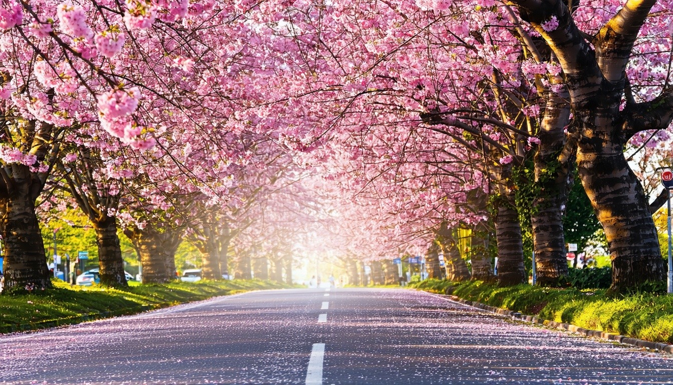 In a vibrant scene of a cherry blossom viewing drive the delicate pink petals of the fully bloomed sakura trees dominate the landscape creating a picturesque canopy overhead The soft golden backlight of the late afternoon sun filters through the blos-1