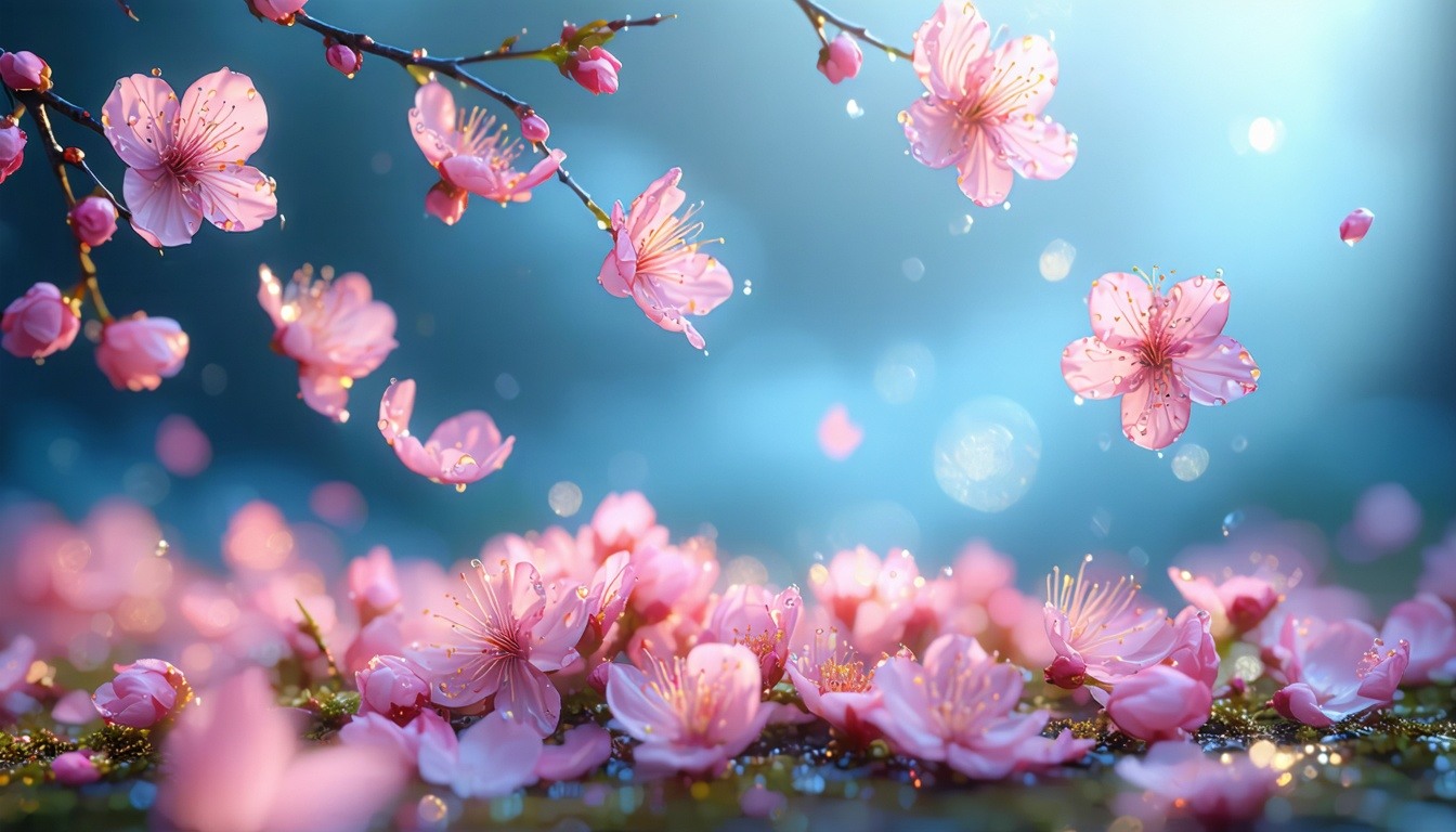 The delicate pink cherry blossom petals flutter gracefully in the gentle breeze their soft hues contrasting beautifully against the vibrant blue sky Bathed in warm backlight the petals shimmer like jewels casting dynamic shadows on the ground below C-1