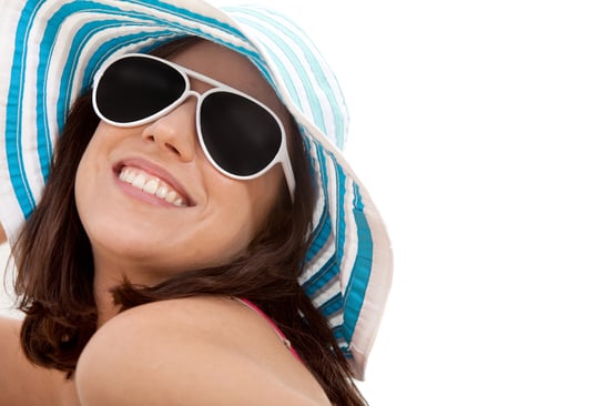 Summer woman wearing a hat and sunglasses  smiling - isolated