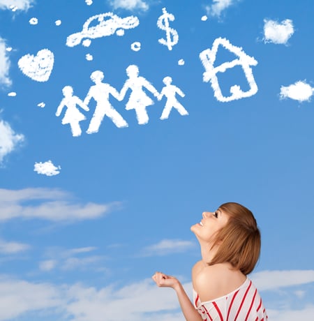 Young girl daydreaming with family and household clouds on blue sky